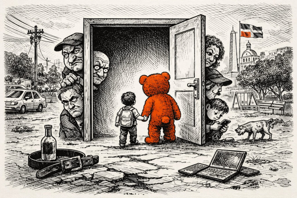 Ilustración editorial en tinta estilo caricatura: familia dominicana frente a una puerta abierta que simboliza la confianza; un adulto sospechoso intenta entrar mientras el entorno urbano del Este aparece al fondo con cables, baches y tránsito. Acento en naranja para resaltar la puerta y el riesgo.