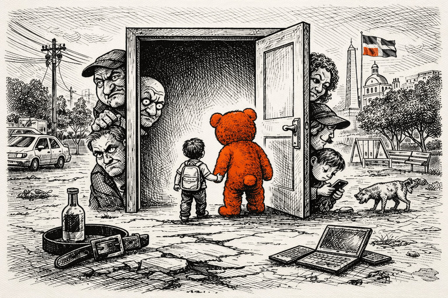 Ilustración editorial en tinta estilo caricatura: familia dominicana frente a una puerta abierta que simboliza la confianza; un adulto sospechoso intenta entrar mientras el entorno urbano del Este aparece al fondo con cables, baches y tránsito. Acento en naranja para resaltar la puerta y el riesgo.