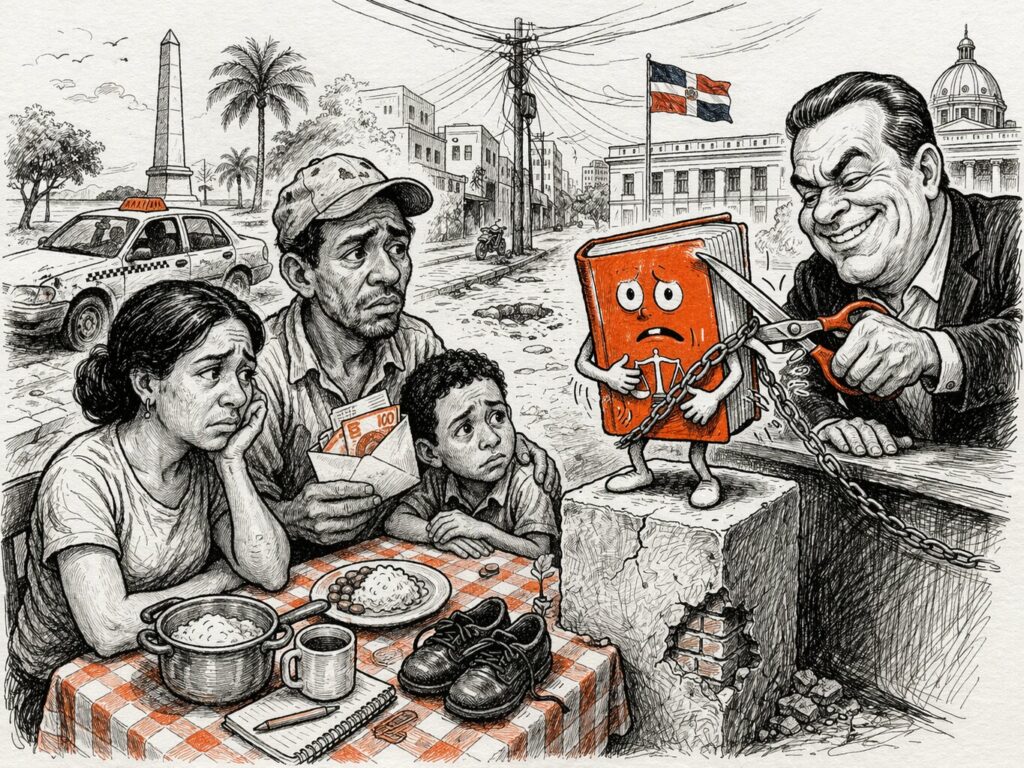 Caricatura editorial en blanco y negro con acento naranja que muestra a una familia trabajadora observando con preocupación cómo una figura de poder amenaza un libro que simboliza el Código de Trabajo, en un entorno urbano dominicano.