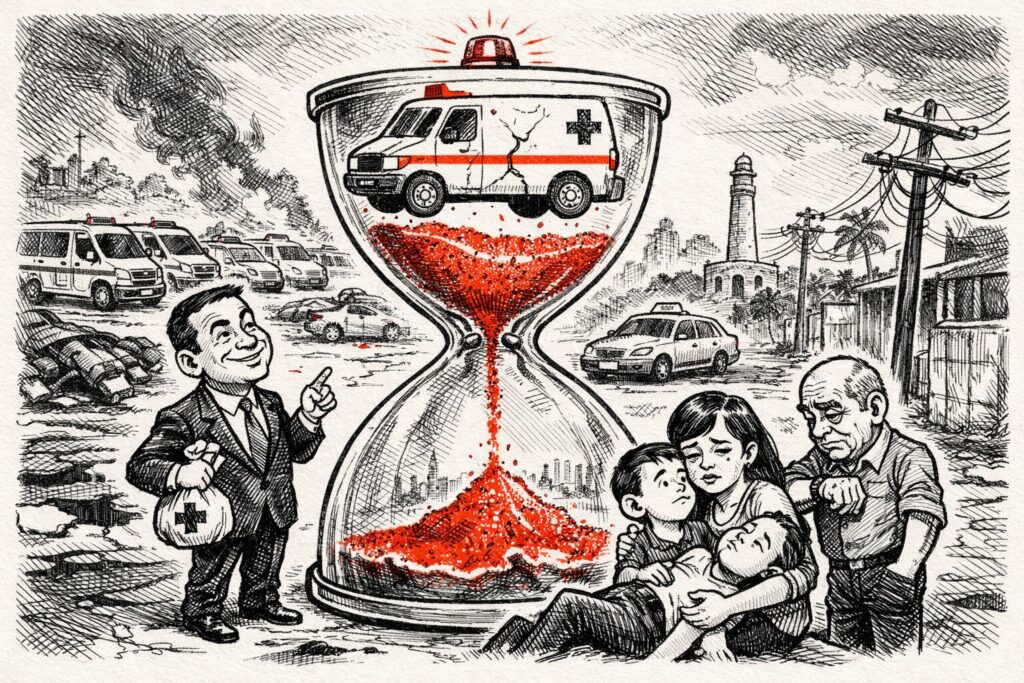 Ilustración editorial en blanco y negro de una ambulancia atrapada dentro de un reloj de arena con arena roja cayendo, mientras una familia espera ayuda en una calle deteriorada de La Romana.