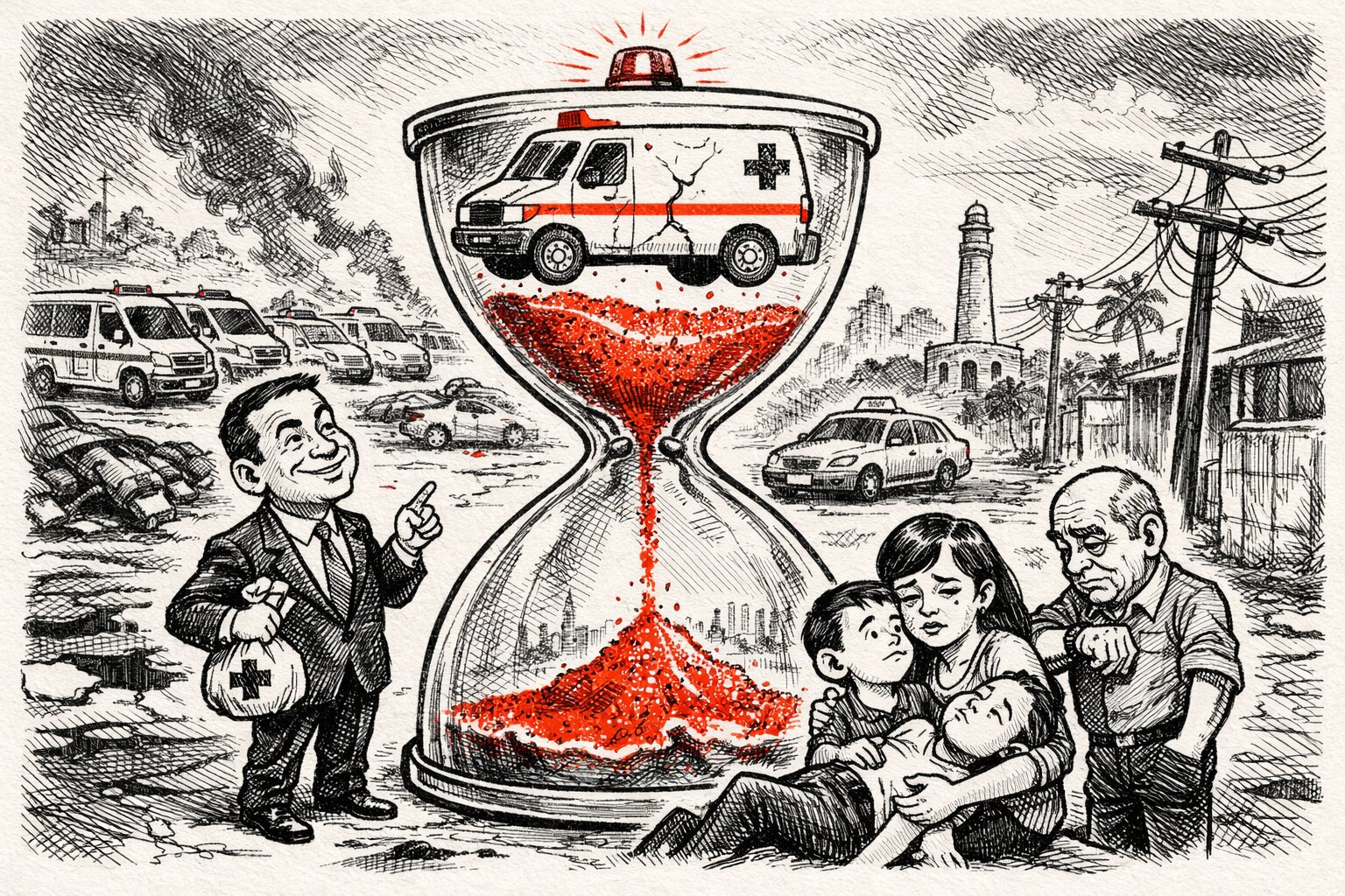 Ilustración editorial en blanco y negro de una ambulancia atrapada dentro de un reloj de arena con arena roja cayendo, mientras una familia espera ayuda en una calle deteriorada de La Romana.