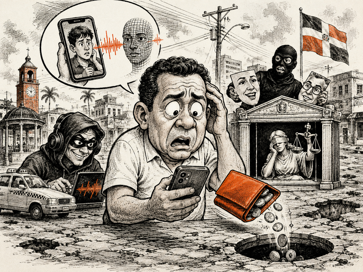 Ilustración editorial sobre fraude digital e inteligencia artificial en República Dominicana