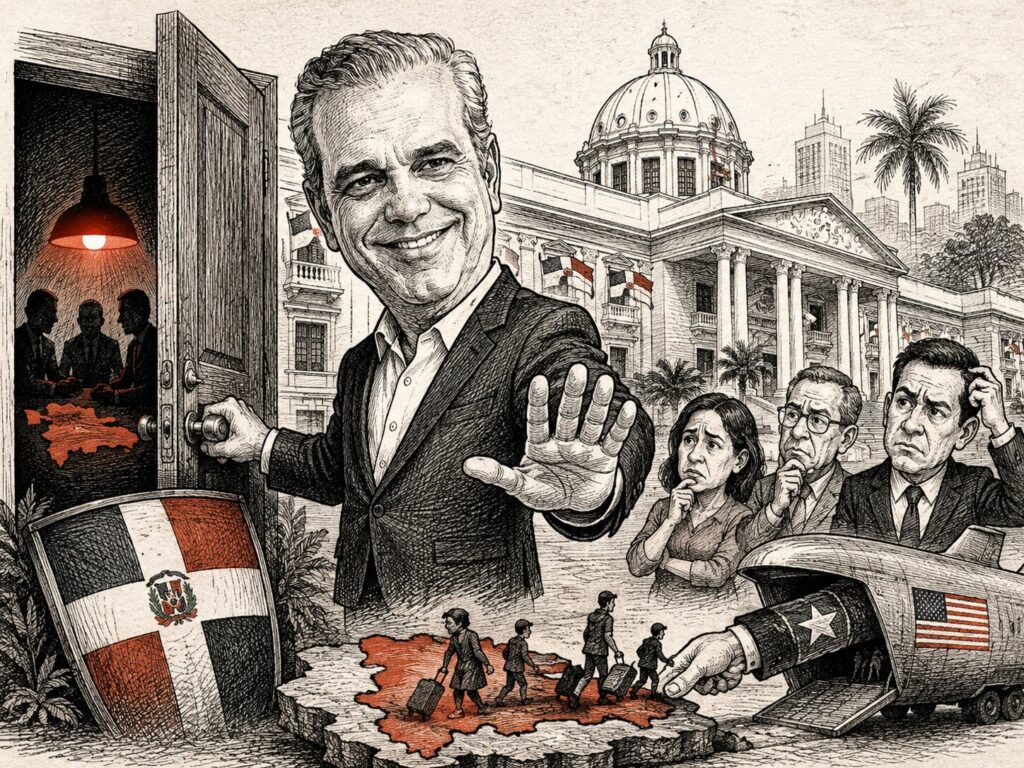 Caricatura editorial del presidente dominicano abriendo una puerta secreta mientras muestra la palma de la mano al Congreso, con deportados cruzando el mapa de RD y un avión militar estadounidense al fondo.