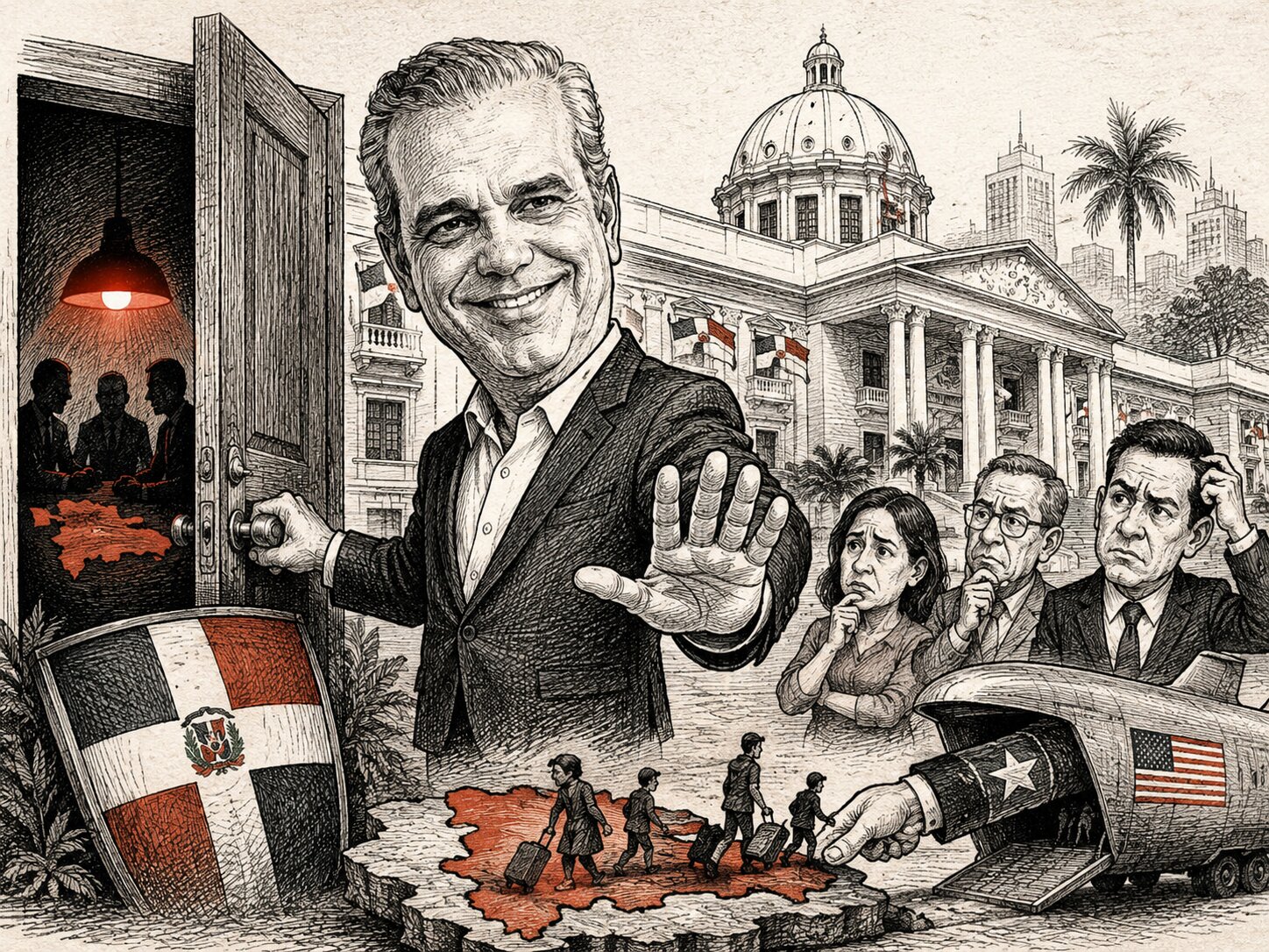 Caricatura editorial del presidente dominicano abriendo una puerta secreta mientras muestra la palma de la mano al Congreso, con deportados cruzando el mapa de RD y un avión militar estadounidense al fondo.