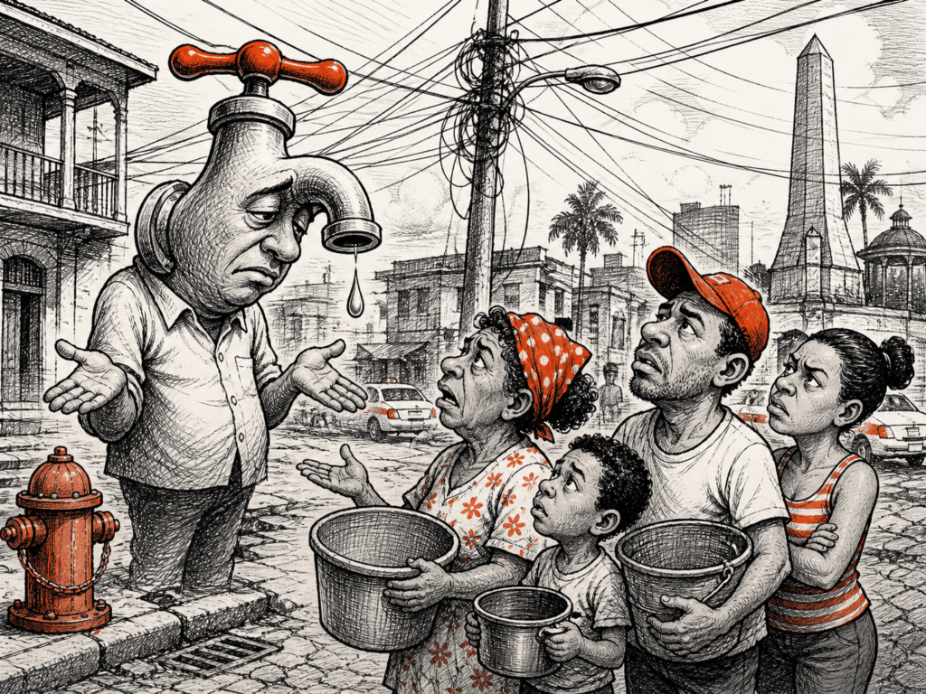 Ilustración que representa la falta de agua en La Romana: una familia con cubetas vacías frente a un grifo que apenas gotea, con el obelisco de la ciudad al fondo.