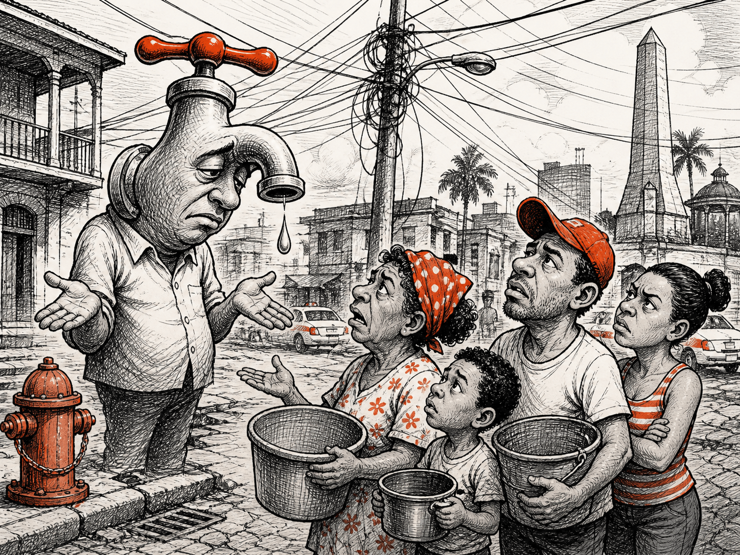 Ilustración que representa la falta de agua en La Romana: una familia con cubetas vacías frente a un grifo que apenas gotea, con el obelisco de la ciudad al fondo.