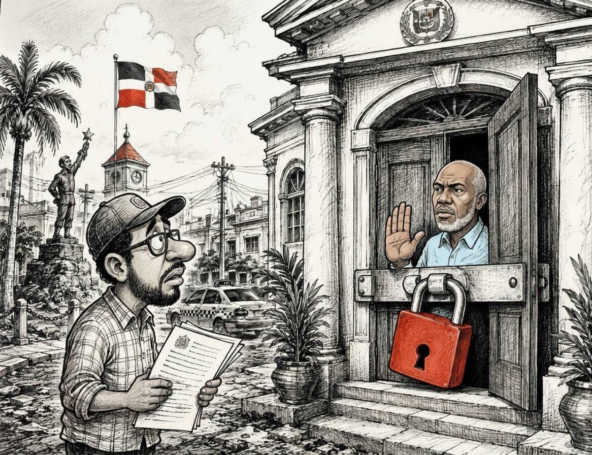 Ilustración editorial de un ciudadano entregando solicitudes de información frente al Ayuntamiento de La Romana, mientras un funcionario permanece detrás de una puerta cerrada con un gran candado, simbolizando la falta de respuesta a solicitudes de acceso a la información pública.