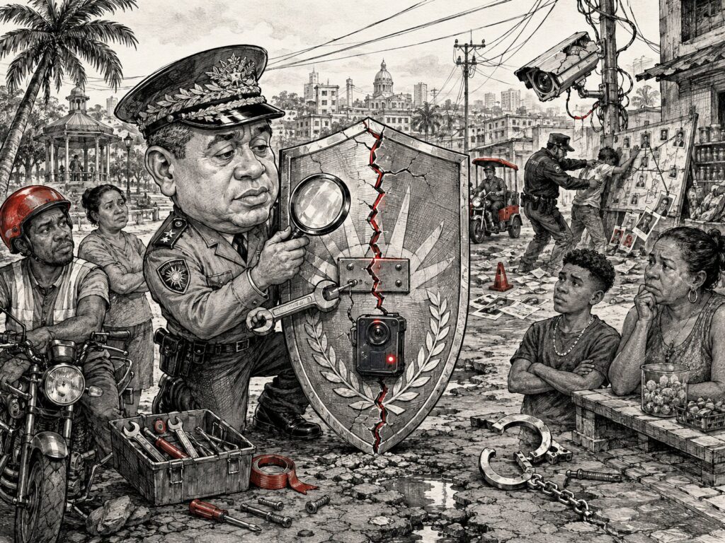 Ilustración editorial sobre la reforma de la Policía Nacional y la necesidad de recuperar la confianza ciudadana mediante controles y rendición de cuentas.