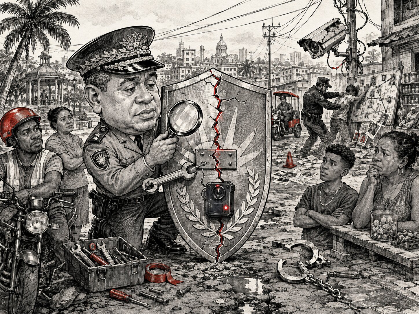 Ilustración editorial sobre la reforma de la Policía Nacional y la necesidad de recuperar la confianza ciudadana mediante controles y rendición de cuentas.