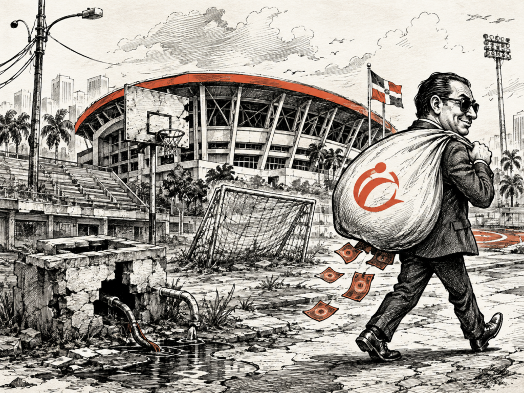 Ilustración editorial sobre el futuro de las instalaciones deportivas tras los Juegos Centroamericanos y del Caribe, con un complejo deportivo en deterioro y una figura alejándose mientras representa el riesgo de olvidar el mantenimiento de la inversión pública.