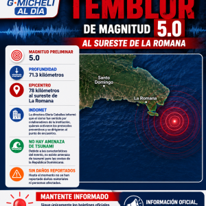 Se registra temblor de magnitud 5.0 al sureste de La Romana