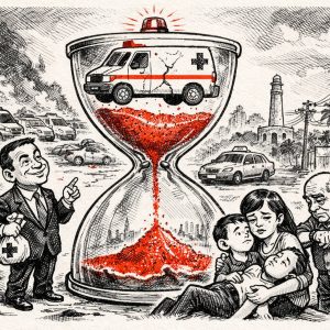 Ilustración editorial en blanco y negro de una ambulancia atrapada dentro de un reloj de arena con arena roja cayendo, mientras una familia espera ayuda en una calle deteriorada de La Romana.