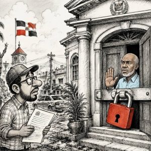 Ilustración editorial de un ciudadano entregando solicitudes de información frente al Ayuntamiento de La Romana, mientras un funcionario permanece detrás de una puerta cerrada con un gran candado, simbolizando la falta de respuesta a solicitudes de acceso a la información pública.