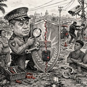 Ilustración editorial sobre la reforma de la Policía Nacional y la necesidad de recuperar la confianza ciudadana mediante controles y rendición de cuentas.