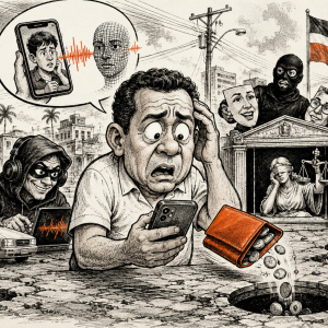 Ilustración editorial sobre fraude digital e inteligencia artificial en República Dominicana