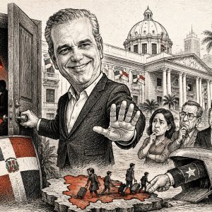 Caricatura editorial del presidente dominicano abriendo una puerta secreta mientras muestra la palma de la mano al Congreso, con deportados cruzando el mapa de RD y un avión militar estadounidense al fondo.