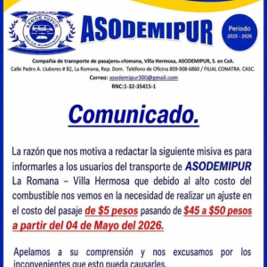 ASODEMIPUR confirma aumento en la tarifa del pasaje La Romana – Villa Hermosa