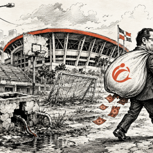 Ilustración editorial sobre el futuro de las instalaciones deportivas tras los Juegos Centroamericanos y del Caribe, con un complejo deportivo en deterioro y una figura alejándose mientras representa el riesgo de olvidar el mantenimiento de la inversión pública.